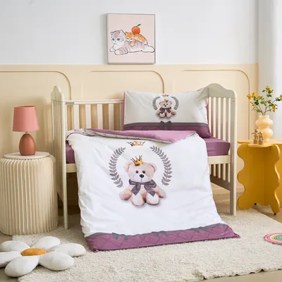 סט מצעים למיטת תינוק/מעבר 100% כותנה סאטן דגם רויאל טדי ורוד