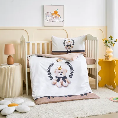 סט מצעים למיטת תינוק/מעבר 100% כותנה סאטן דגם רויאל טדי בז'